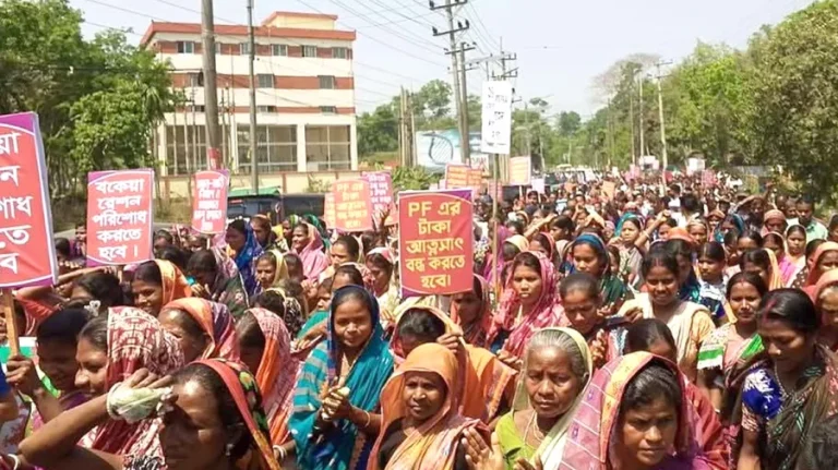 সিলেটের চা–শ্রমিকদের ১১ দফা দাবিতে বিক্ষোভ মিছিল