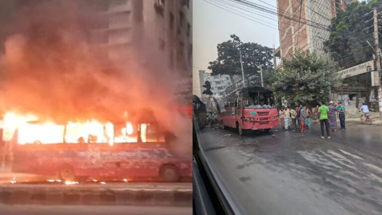 রাজধানীর মেরুল বাড্ডা ও শাহজাদপুরে ভিক্টর পরিবহনের দুই বাসে আগুন