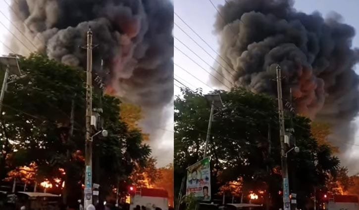 গাজীপুর টঙ্গী বাজারে চট ও প্লাস্টিক বস্তার গুদামে আগুন