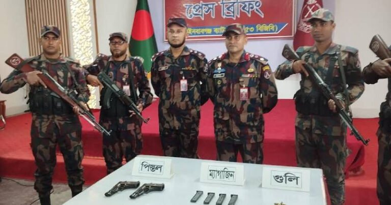 চাঁপাইনবাবগঞ্জ সীমান্তে বিজিবির অভিযানে দুটি বিদেশি পিস্তল ও গোলাবারুদ উদ্ধার