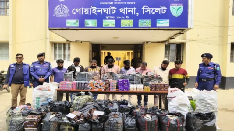 সিলেটের গোয়াইনঘাটে ১২ লাখ টাকার ভারতীয় পণ্যসহ ৮ জন আটক
