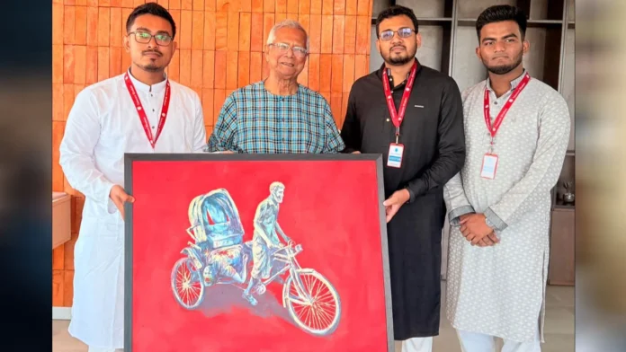 ড. ইউনূসকে জুলাই শহীদ নাফিজের স্মারক চিত্রকর্ম উপহার দিলেন ডাকসু ভিপি